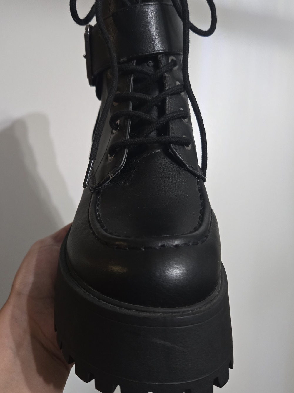Soda Black Chunky Lug Lace-Up Ankle Boots with Buckle - Picture 3 of 16